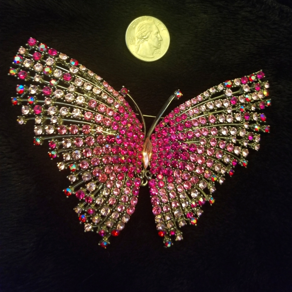 Gorgeous Vintage Butterfly Brooch Pink Fuchsia Rhinestones
